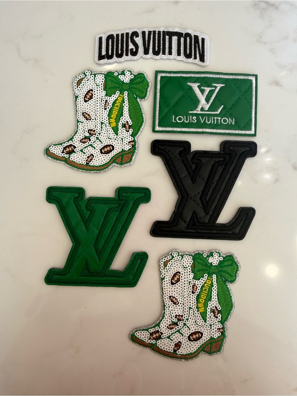 Adorable “Football” Hand Crafted Green, White & Black Patch set!